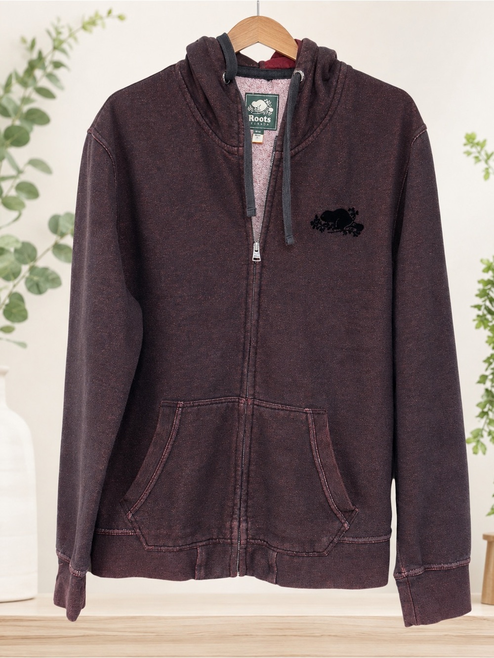 Roots Men's Zip-Up Hoodie in Deep Brown with Black Logo
